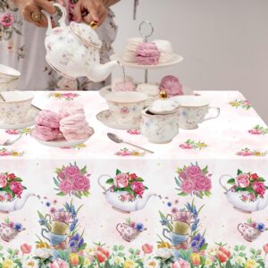 4 Pack Tea Party Decoration Floral Tea Party Tablecloth Tea Party Birthday Supplies 86” x 51” Rectangle Plastic Spring Disposable Floral tea party Table Cover Baby Shower Floral Birthday Decorations