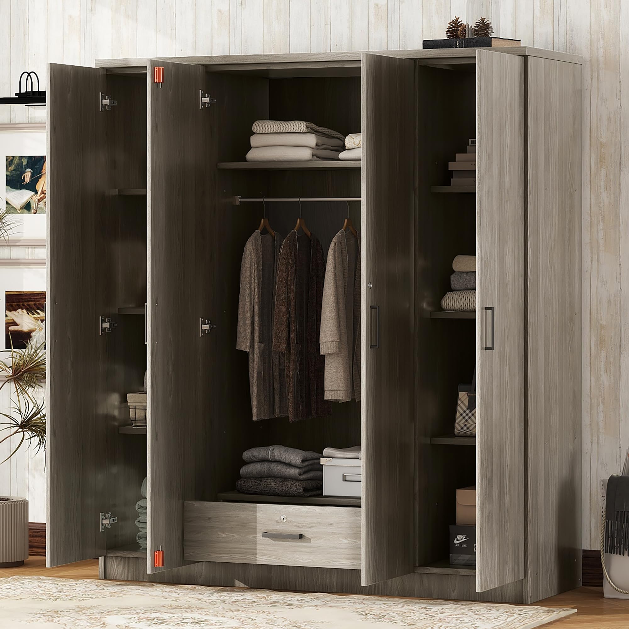 Quarte 4-Door Wardrobe with Drawers, Shelves and Hanging Rail, Freestanding Armoire Wardrobe Closet, Clothes Storage Cabinet Organizer