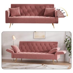 OUYESSIR 71" Velvet Futon Sofa Bed, Small Couch, Loveseat, Convertible Futon Sleeper Sofa with Folding Armrests and 2 Pillows, Modern Couch for Bedroom, Living Room (Rose Pink)