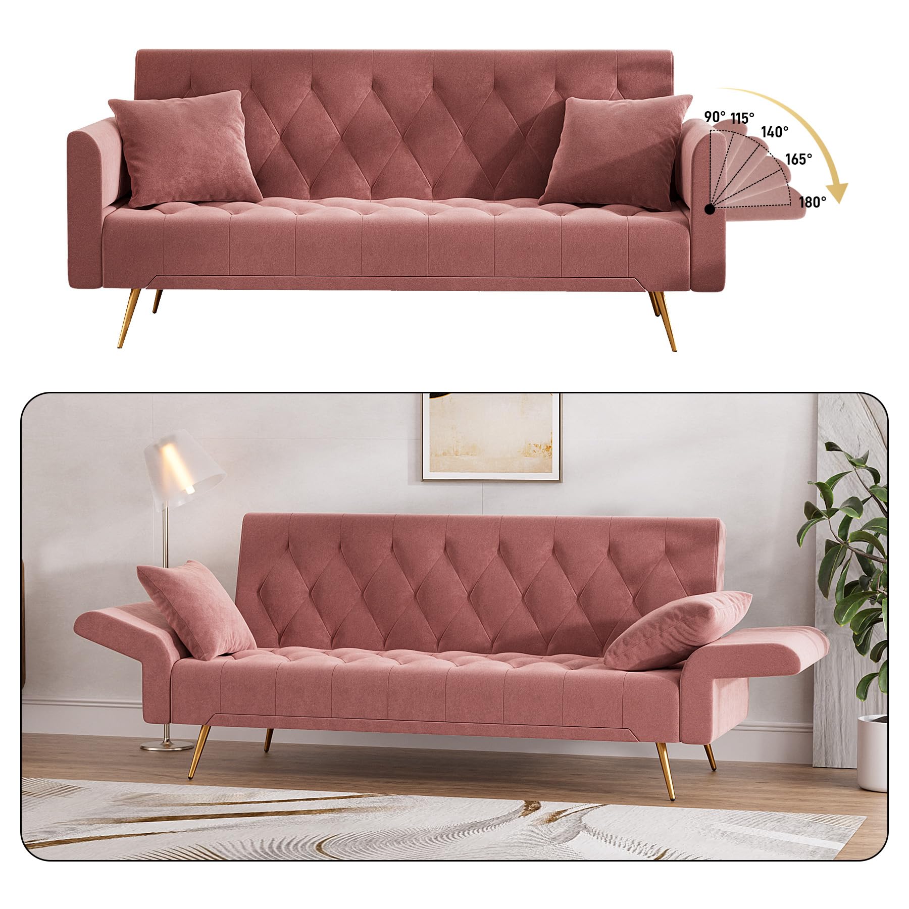 OUYESSIR 71" Velvet Futon Sofa Bed, Small Couch, Loveseat, Convertible Futon Sleeper Sofa with Folding Armrests and 2 Pillows, Modern Couch for Bedroom, Living Room (Rose Pink)