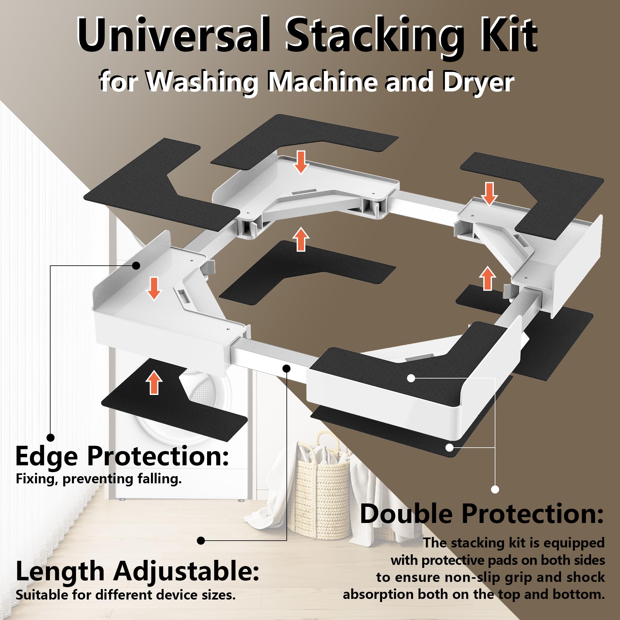 JHCHU Universal Stacking Kit for Washer and Dryer, Adjustable Frame Range 17-3/4" ~ 26-3/4" (45~68cm), Offering Solutions for Stacking Different Sizes of Washing Machine and Tumble Dryers