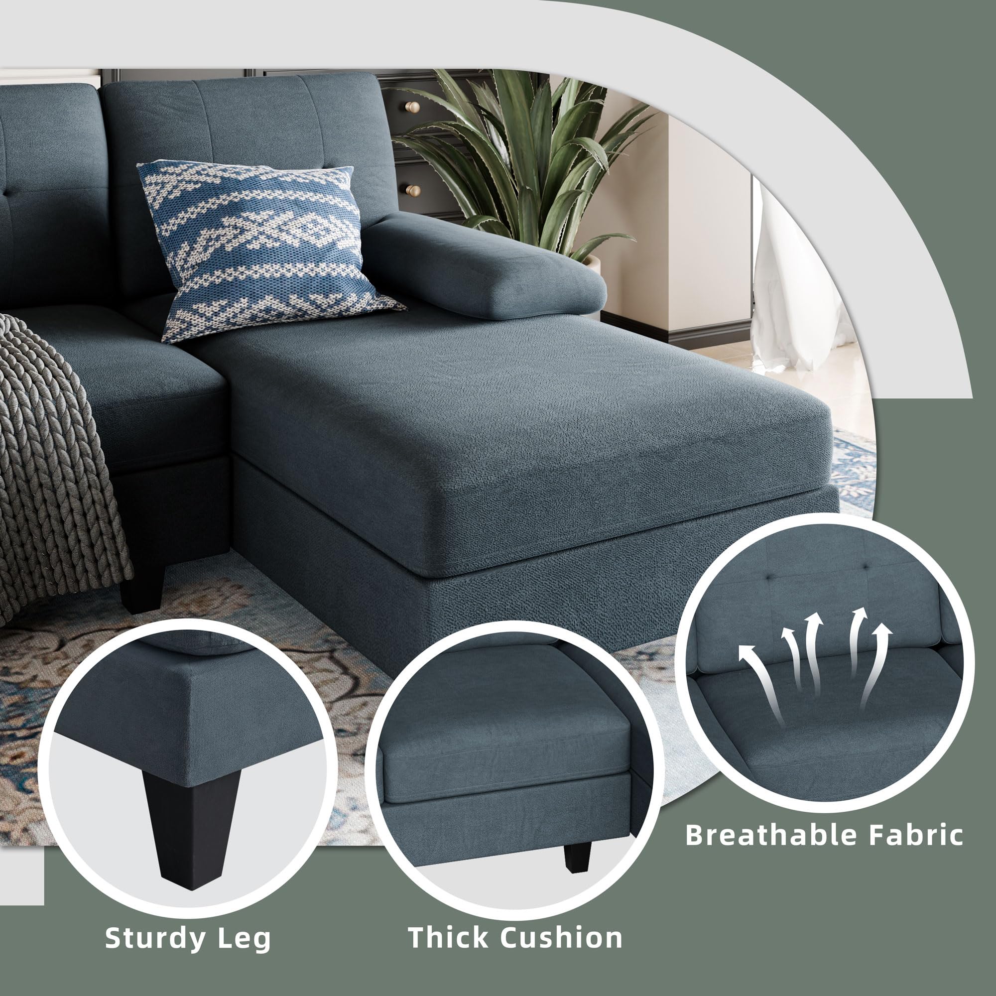 Shintenchi Sectional Couches for Living Room, U Shaped Sofa Couch with Double Chaise, 4-Seat Living Room Furniture Sets with Soft Cushion & Linen Fabric, Dark Grey