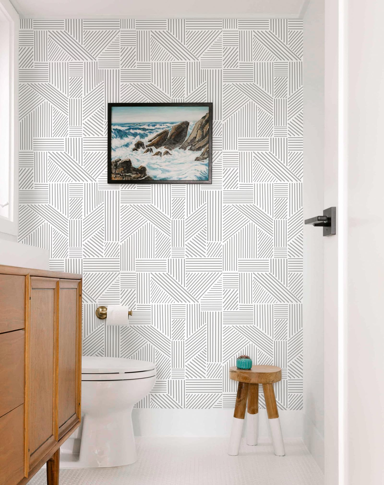 Tomete Gray and White Wallpaper Geometric Wallpaper Peel and Stick Wallpaper Boho Modern Geometric Contact Paper for Cabinets Removable Line Bathroom Wallpaper Waterproof Self-Adhesive17.3”×393”