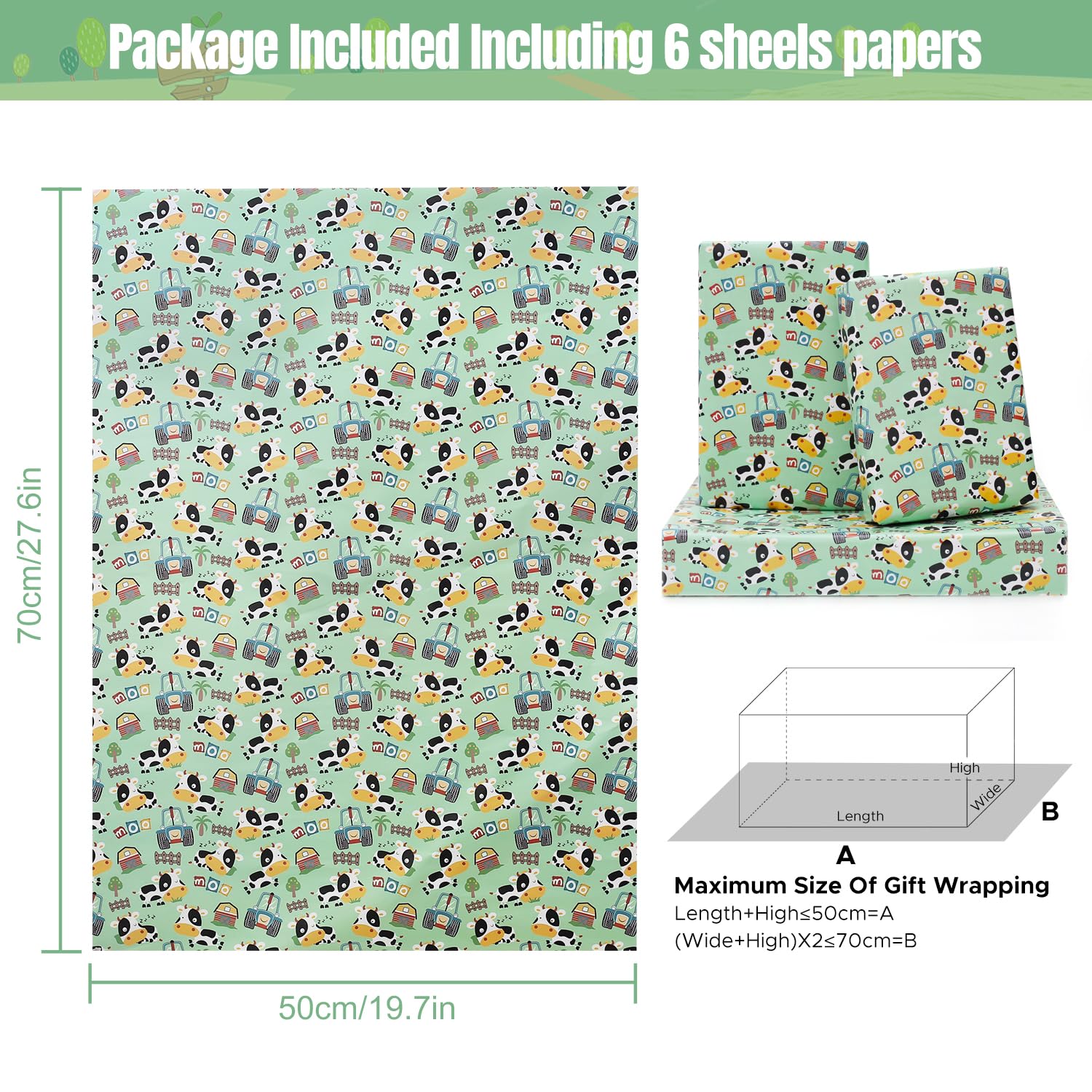 NEPOG Farm Cow Wrapping Paper for Boys Girls Kids, Cute Cow Farmhouse Tractor Farm Theme Design Green Birthday Paper 6 Sheets Folded Flat 20x28 inches per Sheet for Birthday Party Baby Shower