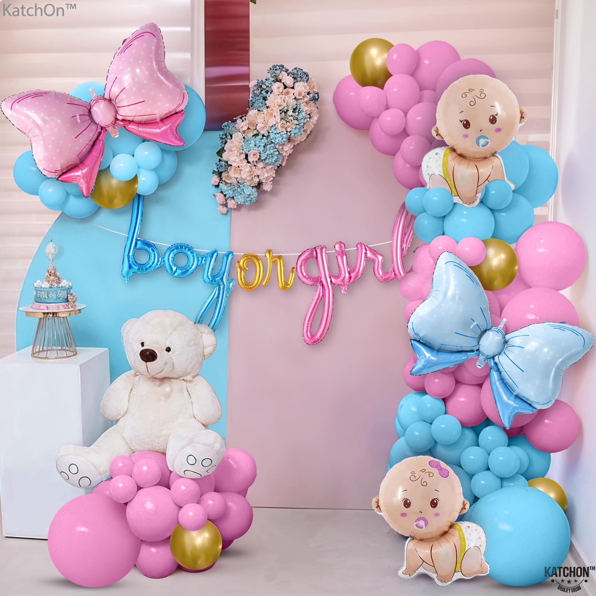 KatchOn, Gender Reveal Balloon Arch Kit - Pack of 70 | Pink and Blue Balloons for Gender Reveal Decorations | Baby Balloons, Bow Balloons | Boy or Girl Balloon, Boy or Girl Gender Reveal Decorations