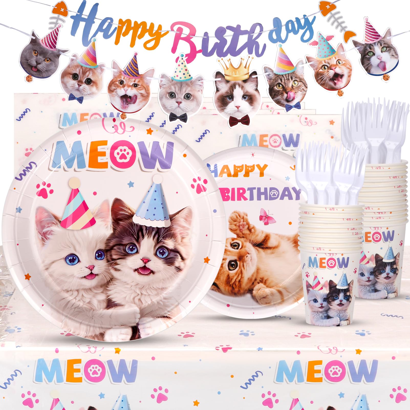 Atonofun Cat Party Plates, Cat Plates and Napkins Party Supplies, Disposable Plates, Cups, Napkins, Cutlery and Tablecloth for Cat Themed Birthday Party Decorations Serves 24