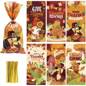 derayee thanksgiving treat bags, 180 pcs fall cellophane candy bags maple leaves turkey pumpkin goodie gift bags for thanksgiving party supplies