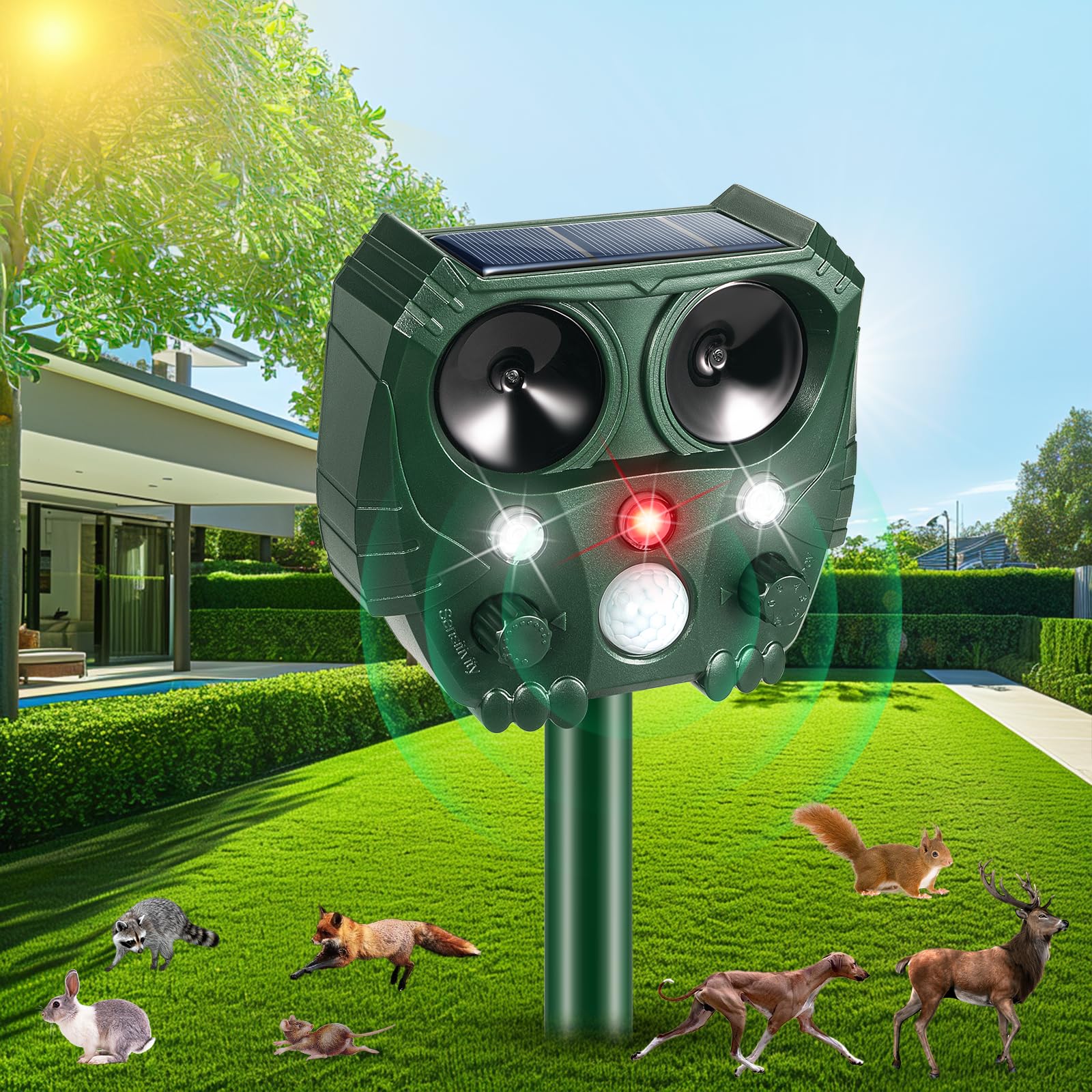 Upgraded Ultrasonic Animal Repeller Outdoor Solar Animal Repeller with Motion Sensor and Deterrent Light to Scare Raccoon Cat Squirrel Skunk Rabbit Dog Deer Repellent Devices for Yard Protection