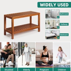 YITAHOME Teak Shower Bench with Storage Shelf, 36" Wooden Shower Stool for Inside Shower, Shower Stool Seat with Non-Slip Levelers for Bathroom, Living Room, Indoor and Outdoor Use