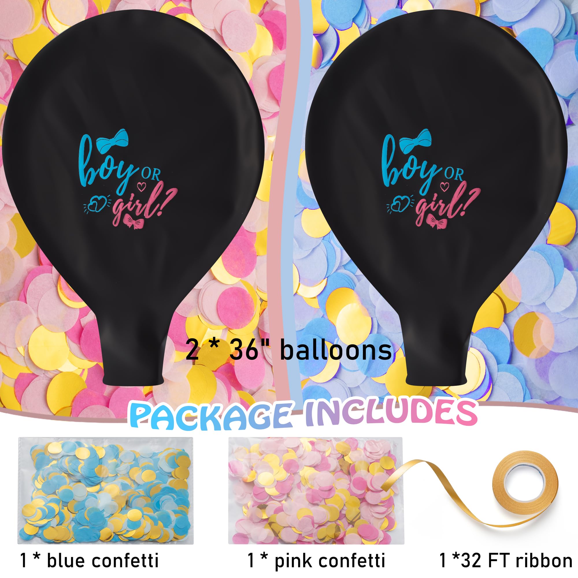 Wsaeig Gender Reveal Balloon Pop - 36 Inch Baby Gender Reveal Balloons With Confetti,2 Pcs Boy or Girl Balloon Gender Reveal Black Large,Big Balloon Gender Reveal Ideas