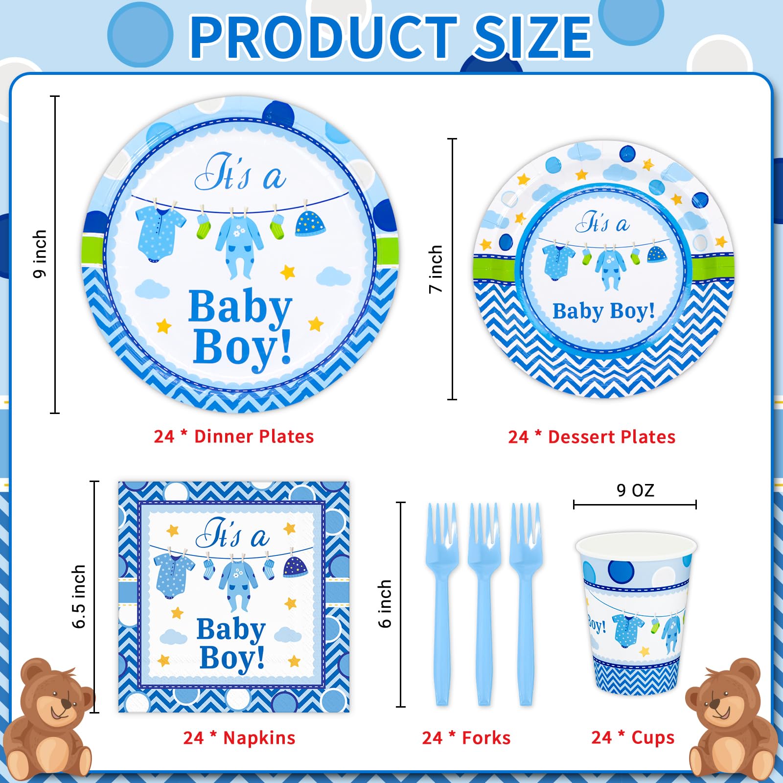 DYLIVeS Blue Baby Shower Decorations, It's a Baby Boy Paper Plates and Napkins Cups Forks Disposable Tableware for Gender Reveal Party Supplies, Sweet Baby Boy Shower Birthday Party Favors, Serve 24