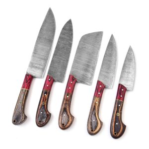 leona craft® custom handmade damascus steel chef set kitchen knives with leather pouch 5 pcs poplar home professional knife without block cool blade wood handle utensils tops tools paring knifes (010)