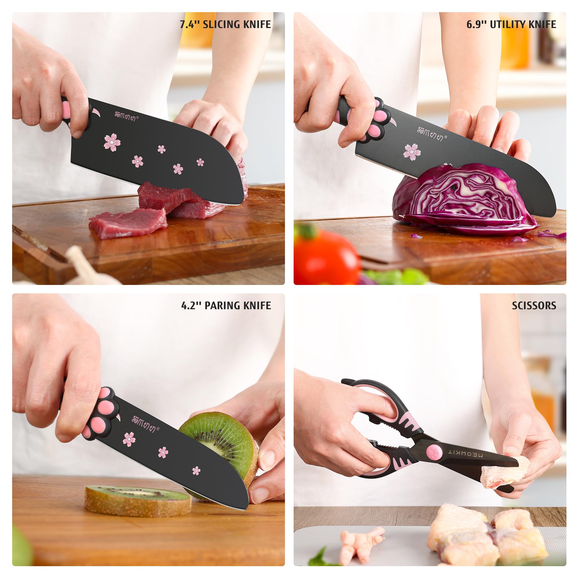 MEOWKIT Cute Kitchen Knife Set,5-piece Non-Stick Knives Set with Detachable Block and Scissors,Sharp Kitchen Knives for Chopping, Slicing, Dicing and Cutting for Home Kitchen