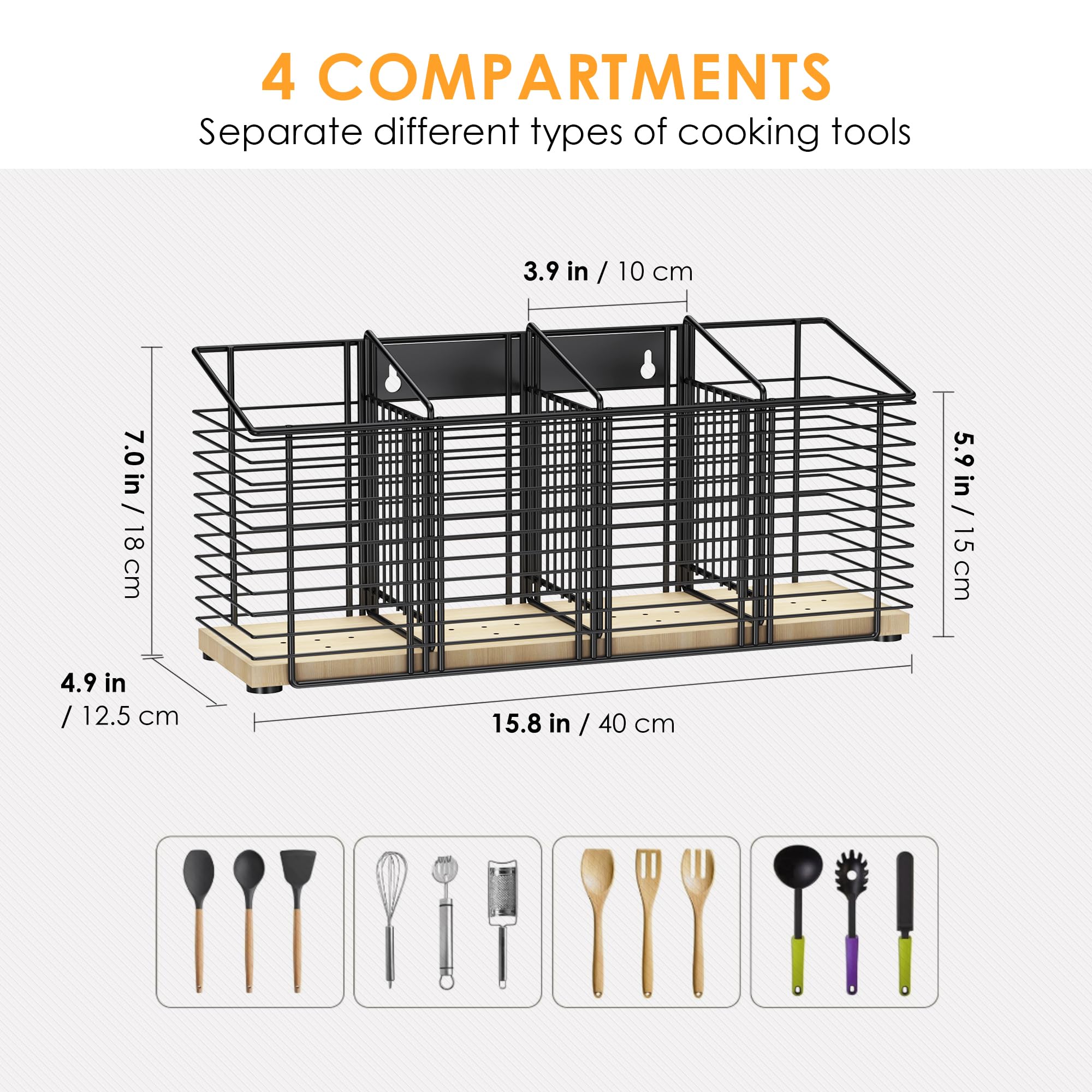 LOTEYIKE Large Kitchen Utensil Holder with 4 Compartments, Black Metal Kitchen Cooking Utensil Organizer for Farmhouse Cooking, Spatula Utensil Crock Caddy