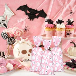 JarThenaAMCS 150Pcs Halloween Cellophane Bags with 200Pcs Twist Ties Pink Ghost Gift Bags Trick or Treat Candy Goodie Party Favor Bags for Halloween Party Favor Supplies