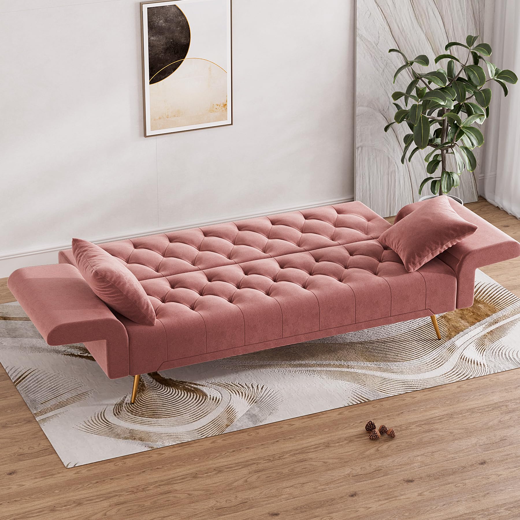 OUYESSIR 71" Velvet Futon Sofa Bed, Small Couch, Loveseat, Convertible Futon Sleeper Sofa with Folding Armrests and 2 Pillows, Modern Couch for Bedroom, Living Room (Rose Pink)