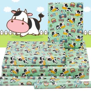 NEPOG Farm Cow Wrapping Paper for Boys Girls Kids, Cute Cow Farmhouse Tractor Farm Theme Design Green Birthday Paper 6 Sheets Folded Flat 20x28 inches per Sheet for Birthday Party Baby Shower