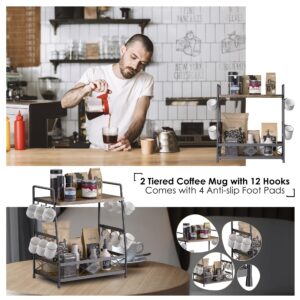 LOTEYIKE 2 Tier Coffee Cup Holder for Countertop, Coffee Mug Organizer with 12 Hook, Coffee Mug Holder, Metal Coffee Mug Shelf for Coffee Bar Kitchen, Black