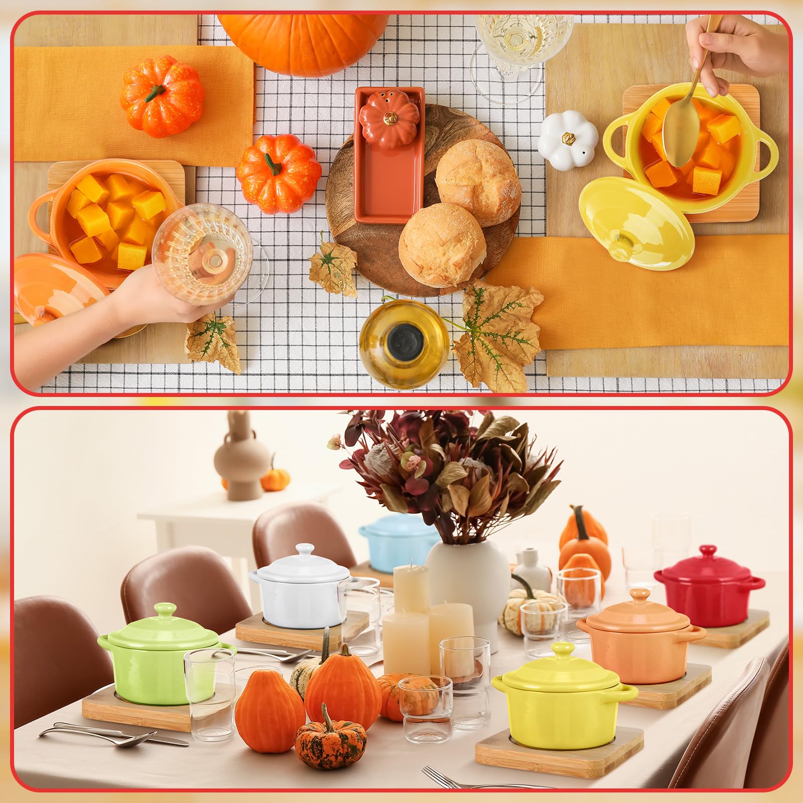 Mimorou 6 Set 7 oz Ceramic Mini Cocotte Set with Lid and Wooden Base Pumpkin Bowl Set with Handle Ceramic Soup Bowls Baking Ramekins Round Casserole for Home Thanksgiving Pumpkin Dish (Colorful)