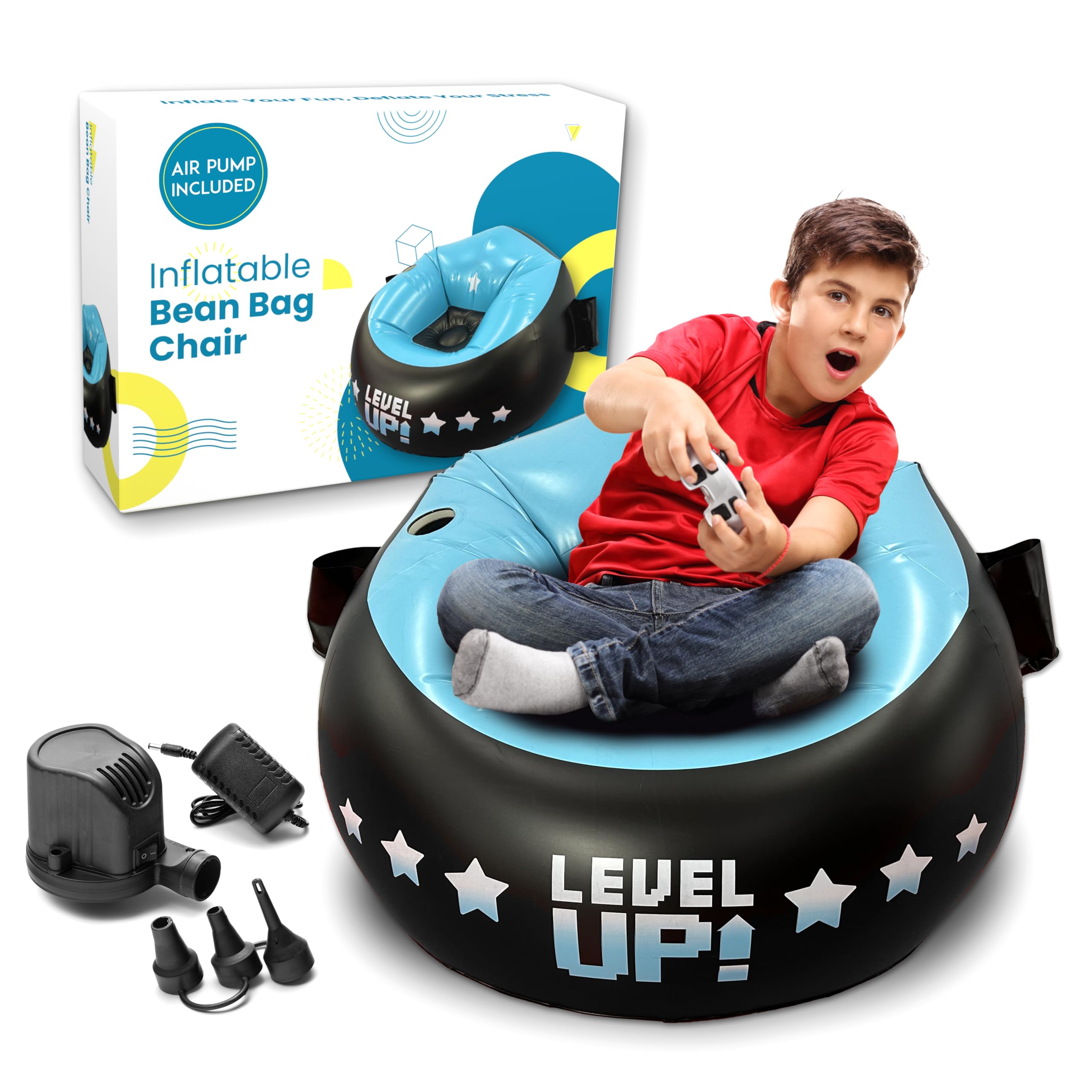 Qadory Inflatable Gaming Chair for Kids- Air Pump and Gift Included 3-in-1, Gaming Bean Bag Chair- Kids Gaming Chair- Bean Bag Chairs for Kids 8-12, Gamer Chair for Kids