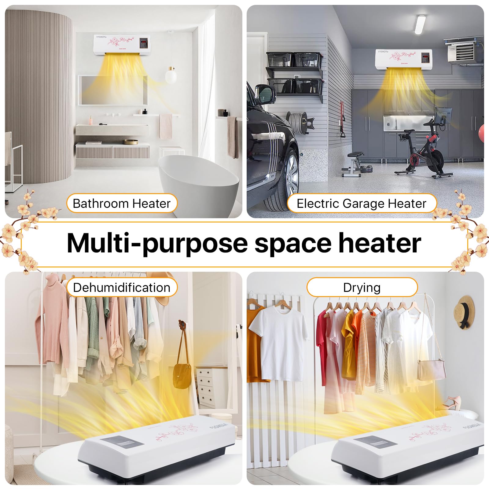 Wall Heater, Electric Space Heater for Bedroom 1400W Electric Heater, LED Display, Adjustable Thermostat, Timer, Safety Protection, Quiet Fan-less Design