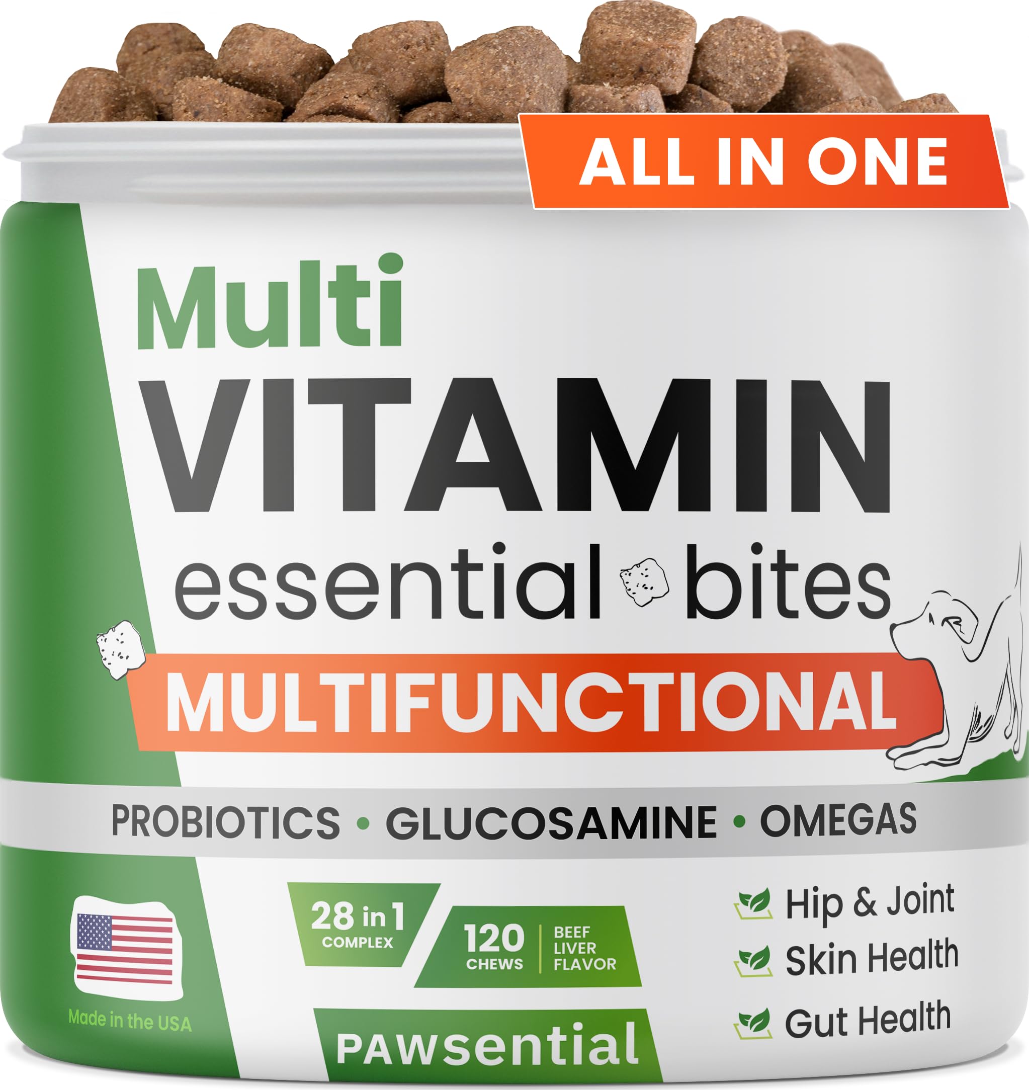 Vitamins for Dogs - 4 in 1 Complex with Omega, Glucosamine, Probiotics and Vitamins - 100 ct - Fish