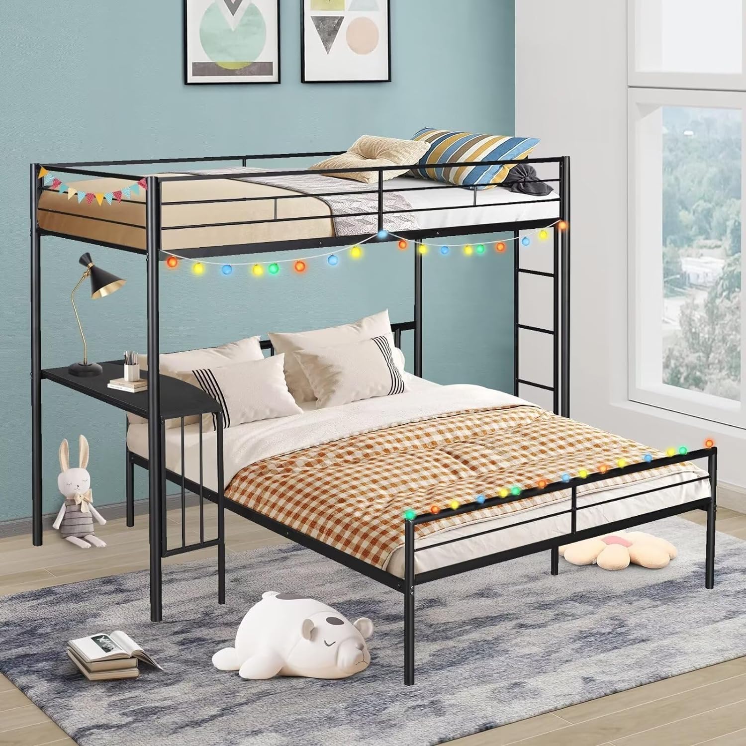 Twin Over Full Bunk Bed, Metal L-Shaped Bunk Bed Frame with Desk, Guardrail and Ladder, Space Saving Bed for Boys Girls, Convertible Into Twin Loft Bed & Full Platform Bed, Noise Free, Black