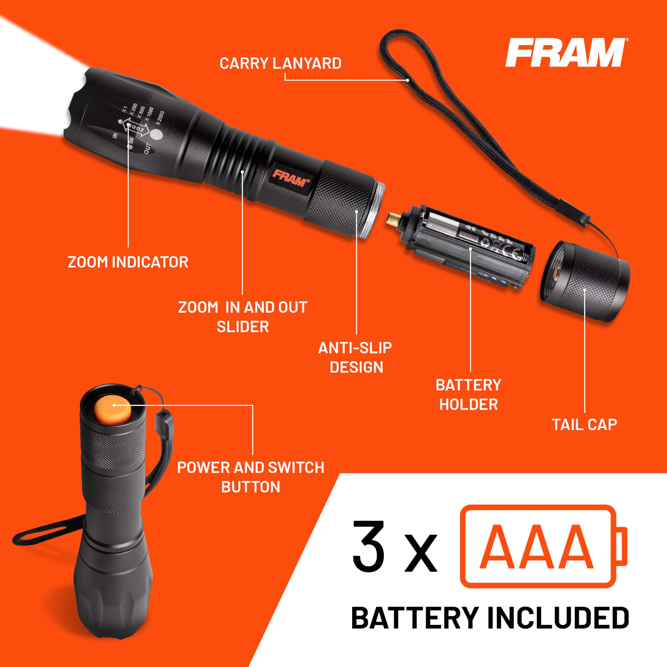 FRAM FAC40006 Handheld Flashlight, Portable and Convenient, Perfect for Camping Essentials, Survival Gear, Waterproof lamp.