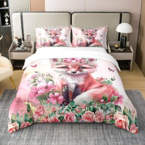 watercolor fox 100 percent cotton bedding set full size cute jungle wildlife duvet cover romantic rose butterfly comforter cover pink golden marble bedspread cover with 2 pillowcases