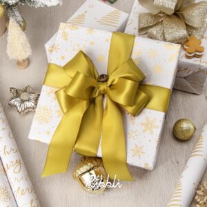 Ribbli White Gold Merry Christmas Wrapping Paper Rolls Snowflake Merry Christmas Tree Pattern with Glitter Gold Mini Roll-17 Inch x 10 Feet Per roll