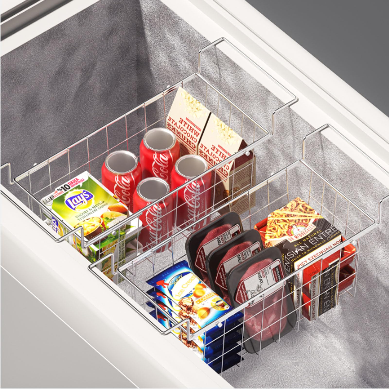 SUZLON Freezer Baskets for Chest Freezer, Adjustable Deep Freezer Organizer Bins, Expandable Freezer Organizer Bins, Stainless Steel Over the Sink Dish Drying Rack for Kitchen