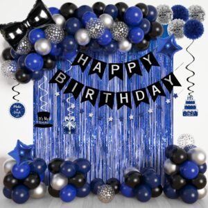 ouddy life blue and black birthday decorations for men boys, navy blue black sliver confetti balloon happy birthday banner fringe curtain hanging swirl graduation baby shower engagement party supplies