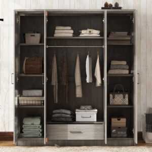 Quarte 4-Door Wardrobe with Drawers, Shelves and Hanging Rail, Freestanding Armoire Wardrobe Closet, Clothes Storage Cabinet Organizer