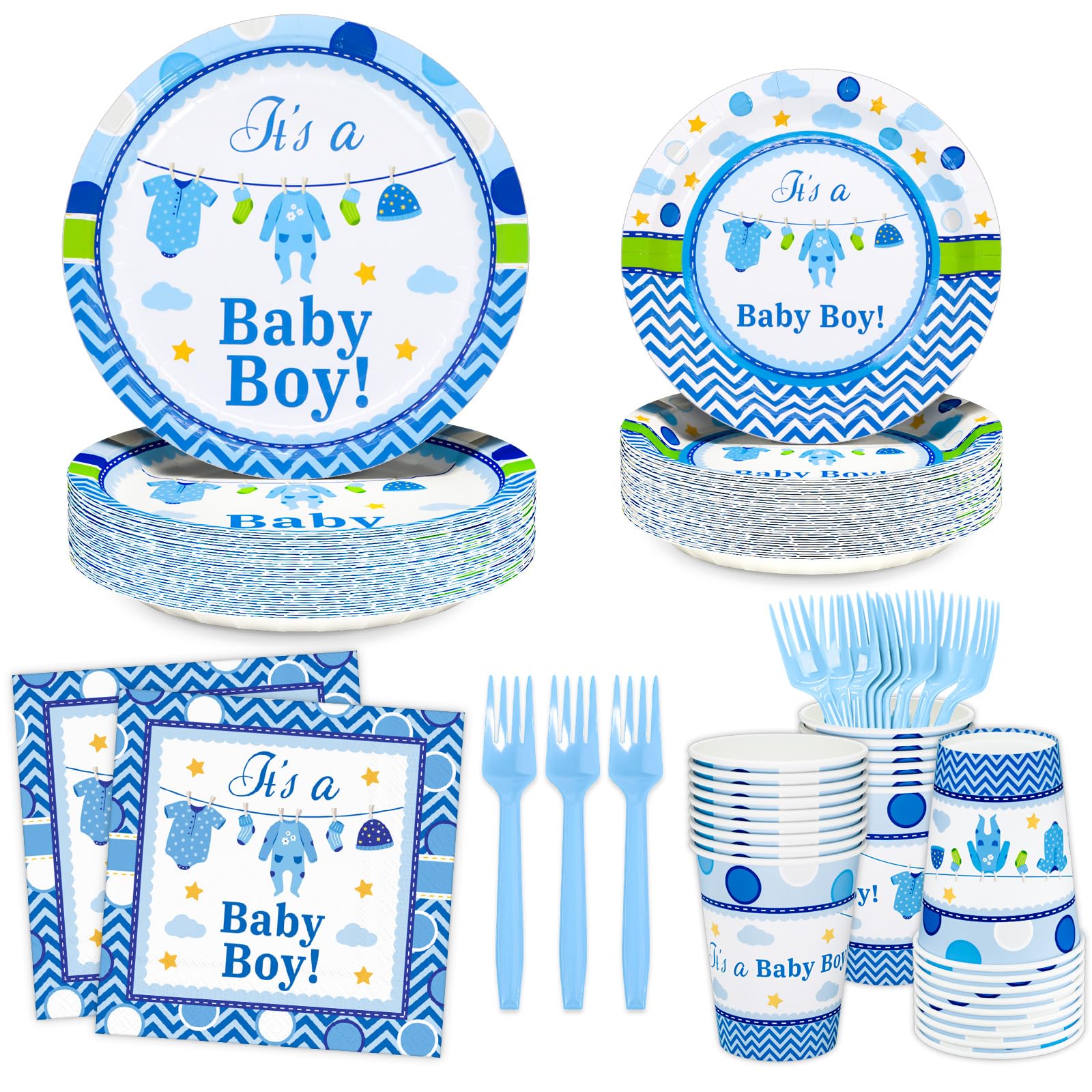 DYLIVeS Blue Baby Shower Decorations, It's a Baby Boy Paper Plates and Napkins Cups Forks Disposable Tableware for Gender Reveal Party Supplies, Sweet Baby Boy Shower Birthday Party Favors, Serve 24