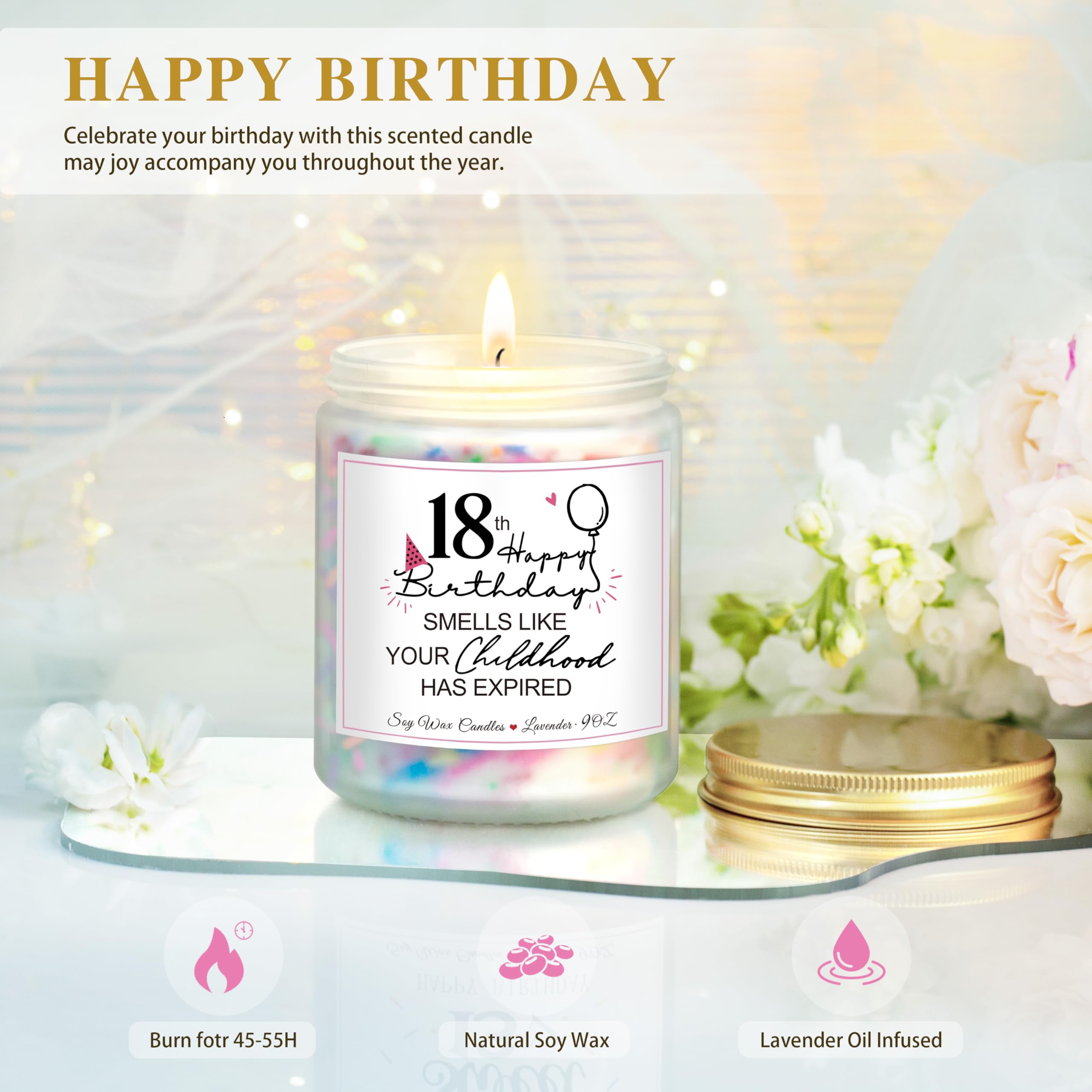 18th Birthday Gifts for Her, Happy18th Birthday Candle with Sprinkles, Unique Birthday Gifts for Girls Women Sister Best Friends Daughter Bestie Turning 18 Birthday Present