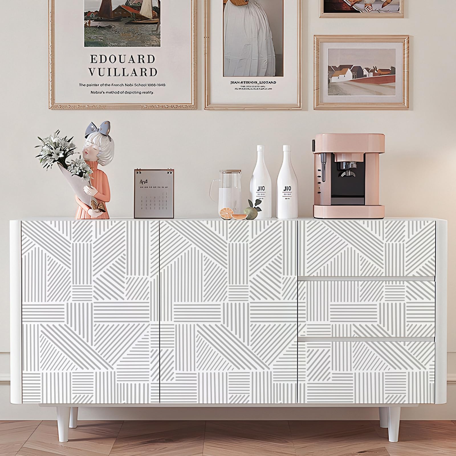 Tomete Gray and White Wallpaper Geometric Wallpaper Peel and Stick Wallpaper Boho Modern Geometric Contact Paper for Cabinets Removable Line Bathroom Wallpaper Waterproof Self-Adhesive17.3”×393”