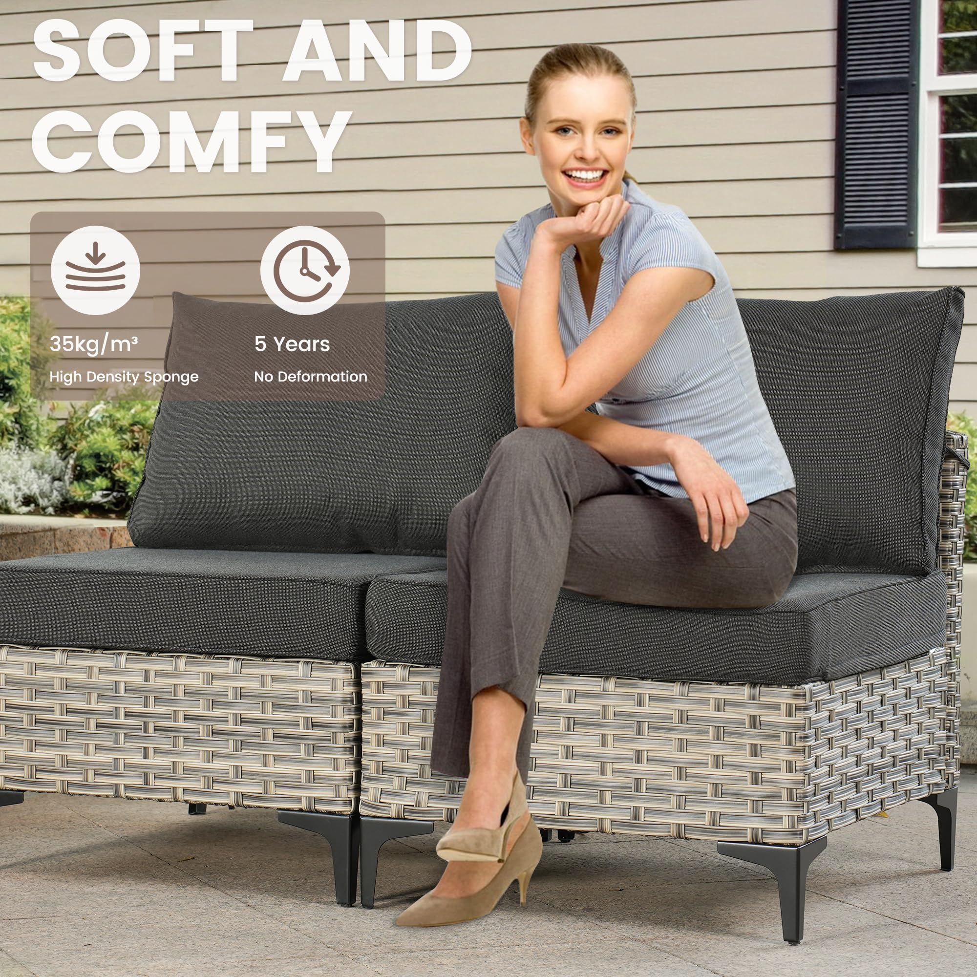 CAODOC 7-Piece Wicker Patio Furniture Set, Boho Outdoor Conversation Set Sectional Sofa with Water Resistant Beige Thick Cushions and Coffee Table