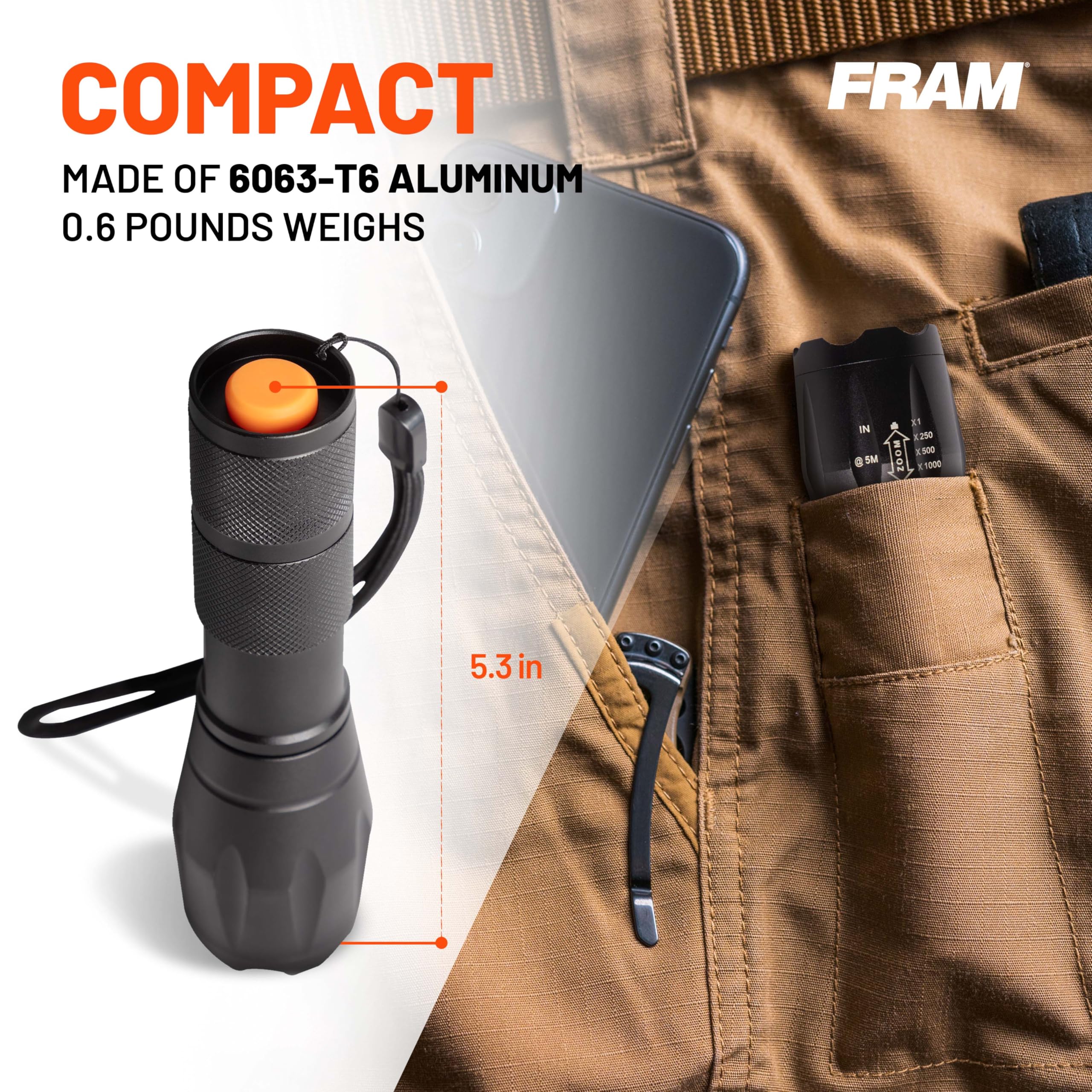 FRAM FAC40006 Handheld Flashlight, Portable and Convenient, Perfect for Camping Essentials, Survival Gear, Waterproof lamp.