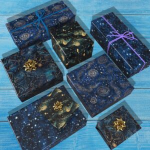 RiukRaiu Galaxy Wrapping Paper for Kids - Blue Gold Night Sky Nebula Star Gift Wrap for Birthday, Party, Holiday – 8 Folded Sheets 20 x 29 Inch, Easy to Store