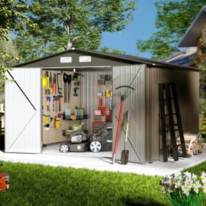 sensweet 8' x10' outdoor metal storage shed, outdoor metal shed, all-weather resistant steel garden shed with double lockable door, waterproof metal garden tool storage shed for patio, backyard, lawn