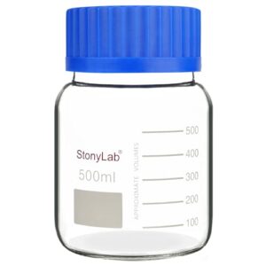 stonylab graduated storage bottle, premium glass round bottom reagent bottle with gl80 screw cap, high transparency wide mouth media storage bottle with clear scale, 500 ml