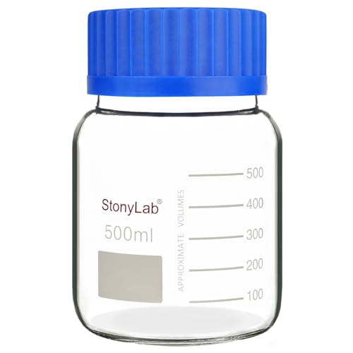 stonylab Graduated Storage Bottle, Premium Glass Round Bottom Reagent Bottle with GL80 Screw Cap, High Transparency Wide Mouth Media Storage Bottle with Clear Scale, 500 ml