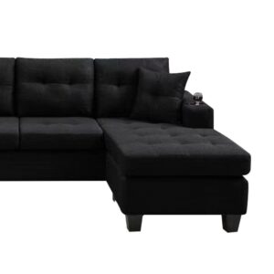 96" Sectional Sofa L-Shaped Couch with Chaise Lounge, Modern Corner Sofa Couch with Cup Holder and Pillows, 4-seat Sectional Sofa Cloud Couches for Living Room Apartment Office, Black