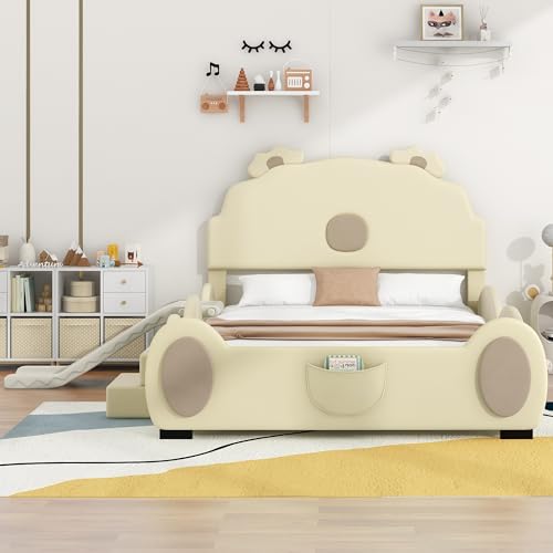 Merax, Beige Size Upholstered Platform Bed Frame, Children's Slide and LED Light for Girls, Full(Piglet Headboard)