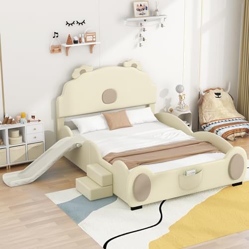 Merax, Beige Size Upholstered Platform Bed Frame, Children's Slide and LED Light for Girls, Full(Piglet Headboard)