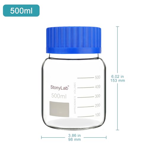 stonylab Graduated Storage Bottle, Premium Glass Round Bottom Reagent Bottle with GL80 Screw Cap, High Transparency Wide Mouth Media Storage Bottle with Clear Scale, 500 ml