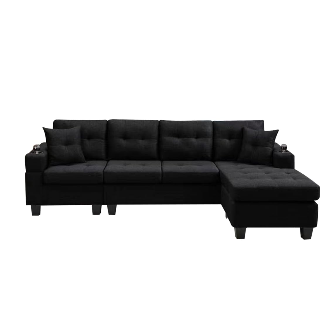 96" Sectional Sofa L-Shaped Couch with Chaise Lounge, Modern Corner Sofa Couch with Cup Holder and Pillows, 4-seat Sectional Sofa Cloud Couches for Living Room Apartment Office, Black