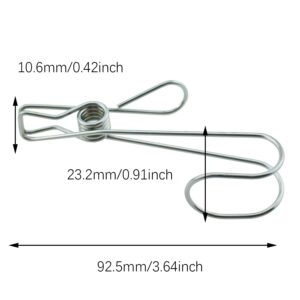 SQXBK 24PCS 95mm Hanging Universal Clip Clothes Clip Chip Clip Opening Clip Silver Stainless Steel No Rust Spot Strong Grip Long Tail Clip for Kitchen Bathroom Office