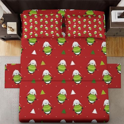 Pinbeam 3 Pcs Fitted Sheet Set Twin Size with Deep Pocket, Funny Christmas Tree Bedding Set with Pillowcase for Kids and Adults, Kids Winter Animal Flat Bed Sheet Set