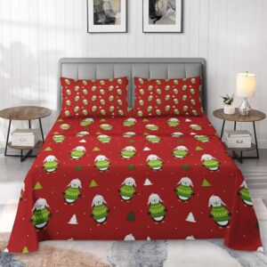 Pinbeam 3 Pcs Fitted Sheet Set Twin Size with Deep Pocket, Funny Christmas Tree Bedding Set with Pillowcase for Kids and Adults, Kids Winter Animal Flat Bed Sheet Set